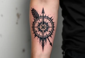 Rustic half compass half clock with and long native American arrow pointing at my wrist with the words “True North” tattoo idea