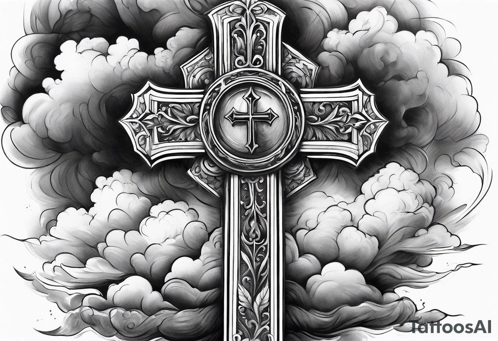 cross with smoke behind it in a storm tattoo idea