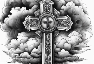 cross with smoke behind it in a storm tattoo idea