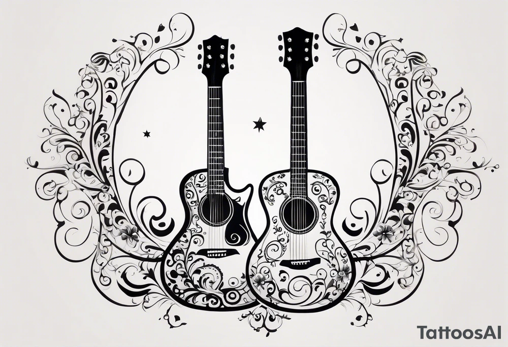 A tattoo featuring an intricate design where the body of a guitar is filled with elaborate swirls and floral patterns. The design is symmetrical with a blend of various curls and loops emanating from the center of the guitar, creating a decorative, ornate appearance. The guitar's neck and headstock are sleek and extend upwards, surrounded by small music notes and stars scattered around it, adding to the musical theme. The entire tattoo has a sense of movement and rhythm, as if the music is flowing from the strings. The tattoo is monochromatic, using shades of black and gray to give depth and contrast. tattoo idea