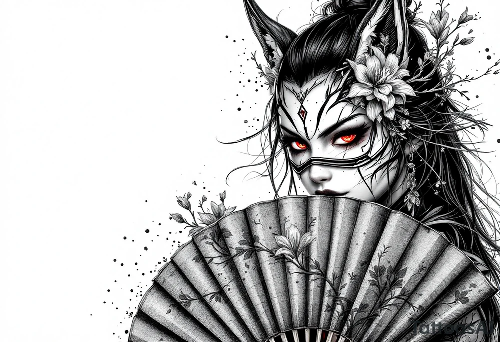 japanese samurai woman with red eyes wearing a kitsune half-mask and holding a fan with irises flowers ornement tattoo idea