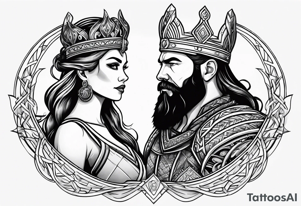 Couples tattoo, viking style queen and king tattoo idea