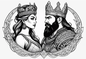 Couples tattoo, viking style queen and king tattoo idea