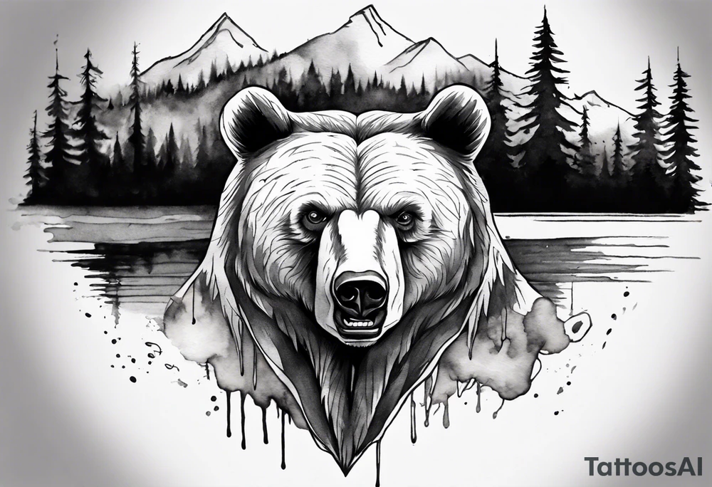 bear head right above the forest line with a lake below, full arm sleeve tattoo tattoo idea