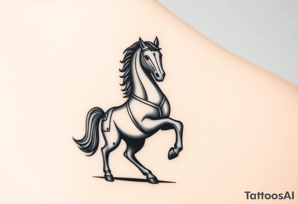 a knight of chess piece. it doesnt have legs, it's a chess piece. The knight piece is depicted in motion, slightly tilted forward as if it's charging or coming out of the shadows. The knight’s face is detailed but with a focus on the horse's strong features: its mane flowing in the wind, and the body etched with intricate details to represent strength and agility. The knight is emerging from a shadow, with the front part of the body illuminated in soft, warm light. The shadowed portions near the back and tail create a mystical aura. tattoo idea