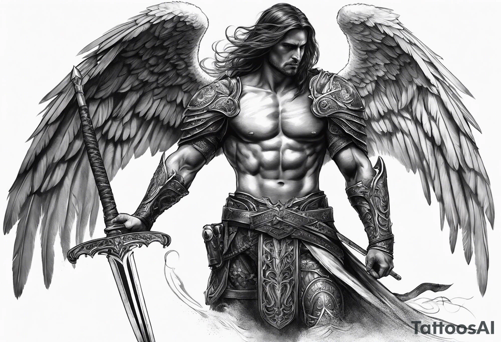 realistic full body of man angel of death, without face, with armour, holding sword in right hand tattoo idea