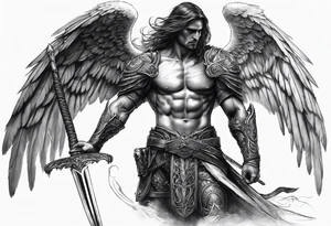 realistic full body of man angel of death, without face, with armour, holding sword in right hand tattoo idea
