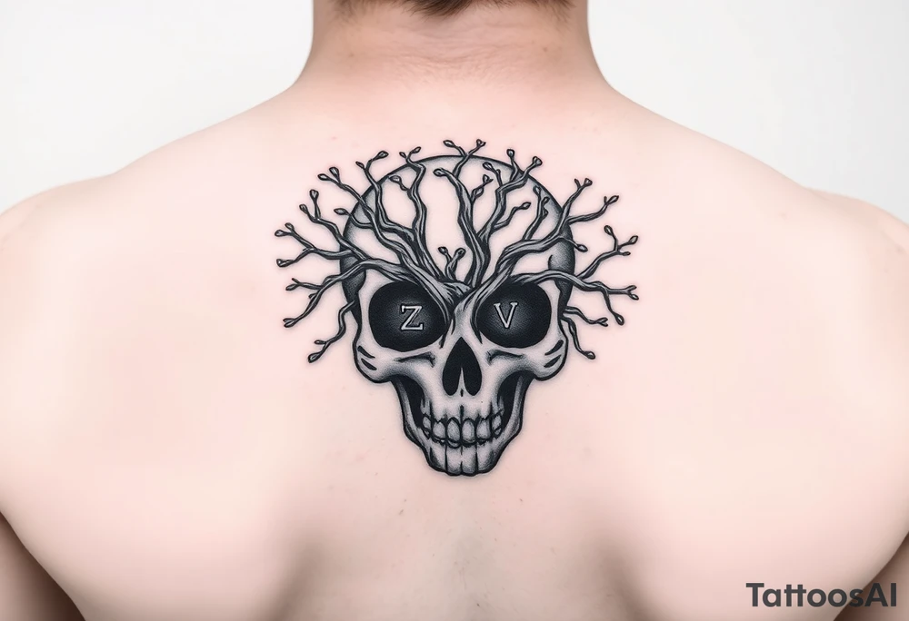 Plain black and white Mexican skull with inside a tree of life and two letter Z and V visible with the blank spaces of the branches tattoo idea