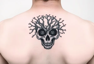 Plain black and white Mexican skull with inside a tree of life and two letter Z and V visible with the blank spaces of the branches tattoo idea