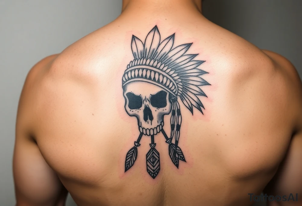 Native American skull with head dress and arrows below tattoo idea
