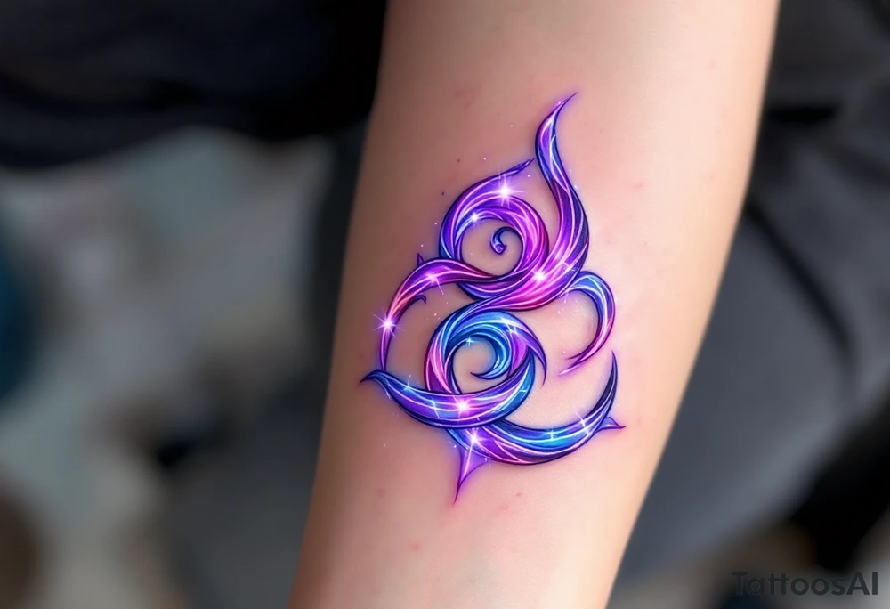 A glowing three triskelion spirals design with purples, blues, and pinks, creating an ethereal, dreamlike effect. tattoo idea