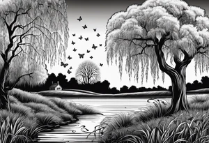 Weeping willow tree with butterflies tattoo idea