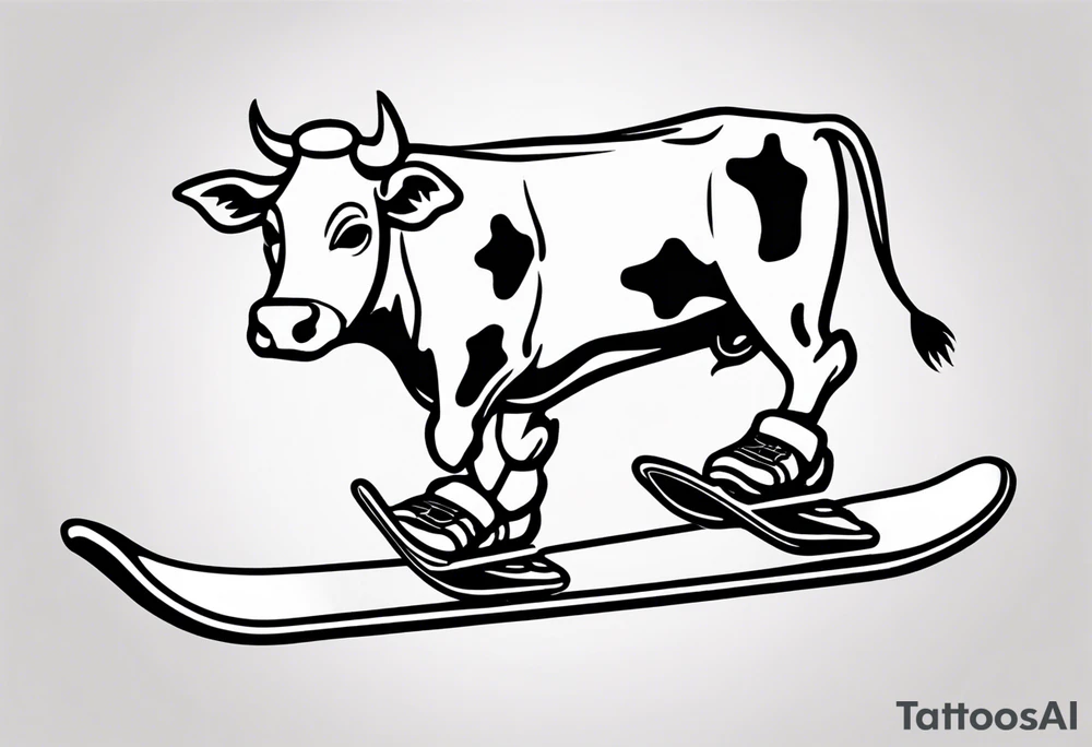 Generate a minimalist and simple black and white tattoo design featuring a joyful cow snowboarding, wearing goggles. Focus on essential lines and details to convey the playful spirit of the scene. The cow should exude confidence while effortlessly snowboarding down a snowy slope. Keep the design clean and uncluttered, suitable for a small to medium-sized tattoo space. Emphasize the charm and whimsy with the addition of goggles, ensuring the overall aesthetic remains simple and minimalistic. The goal is to create a visually appealing and easily recognizable tattoo that captures the essence of a cow enjoying a snowboarding adventure tattoo idea