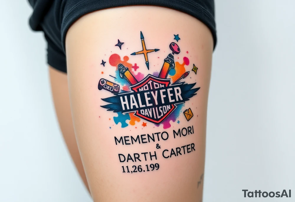 colorful futuristic memory tattoo for passed boyfriend;, star wars, Harley Davidson, skateboarding, puzzle pieces, video games, heaven, god, outdoors, 9mm bullet, words MEMENTO MORI & DARTH CARTER tattoo idea