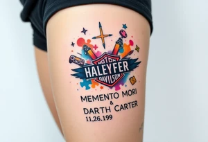 colorful futuristic memory tattoo for passed boyfriend;, star wars, Harley Davidson, skateboarding, puzzle pieces, video games, heaven, god, outdoors, 9mm bullet, words MEMENTO MORI & DARTH CARTER tattoo idea