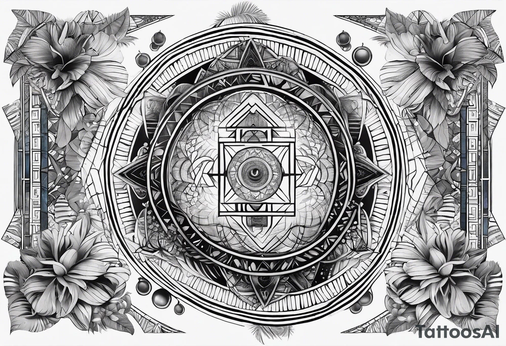 sacred geometry, tropical, egyptian symbols, chakras, black and white with hints of blue. full sleeve tattoo tattoo idea