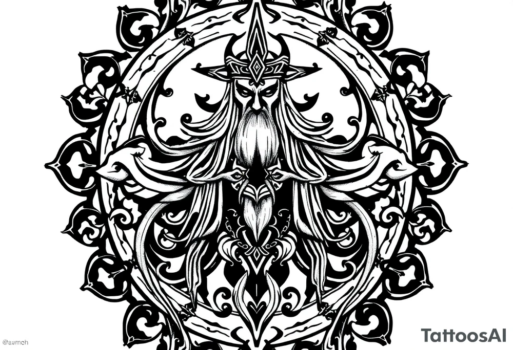 mystical long ornament tattoo with shaman and witch style and ancient rhyme letters outside tattoo idea
