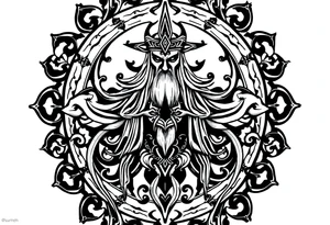 mystical long ornament tattoo with shaman and witch style and ancient rhyme letters outside tattoo idea