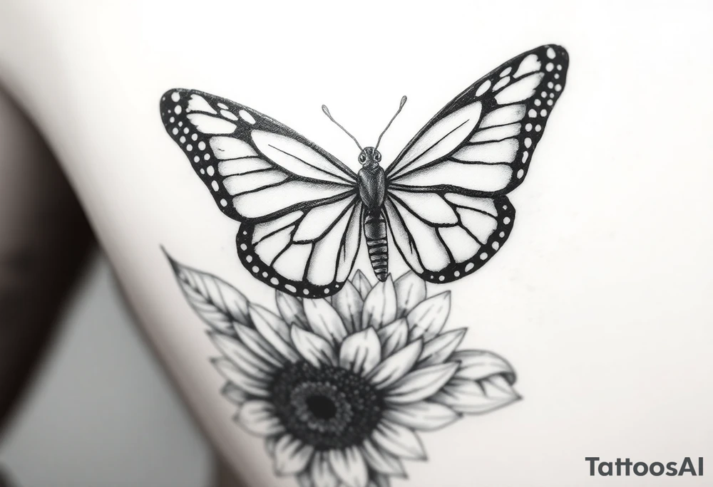 The central focus is a large butterfly with intricate wing patterns, which appears to be a monarch butterfly. It is resting on a sunflower, with its wings spread open.With the name Shari  in it tattoo idea