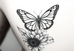 The central focus is a large butterfly with intricate wing patterns, which appears to be a monarch butterfly. It is resting on a sunflower, with its wings spread open.With the name Shari  in it tattoo idea