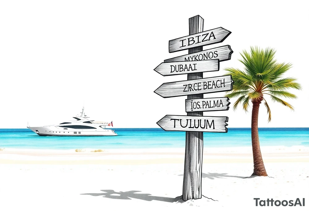 A tall wooden signpost with four directional arrows, each pointing in a different direction. The arrows are rustic and slightly weathered, with the names of popular travel destinations written on them: 'IBIZA', 'MYKONOS', 'DUBAI', 'ZRCE BEACH', 'IOS', 'PALMA', and 'TULUM'. The signpost is located on a sandy beach with a clear blue ocean in the background. A luxurious white yacht is visible on the water, slightly in the distance. A tall, green palm tree stands nearby, casting a small shadow on the sand. The scene is bathed in warm sunlight, with a few wispy clouds in the sky, creating a relaxed and tropical vacation vibe. tattoo idea