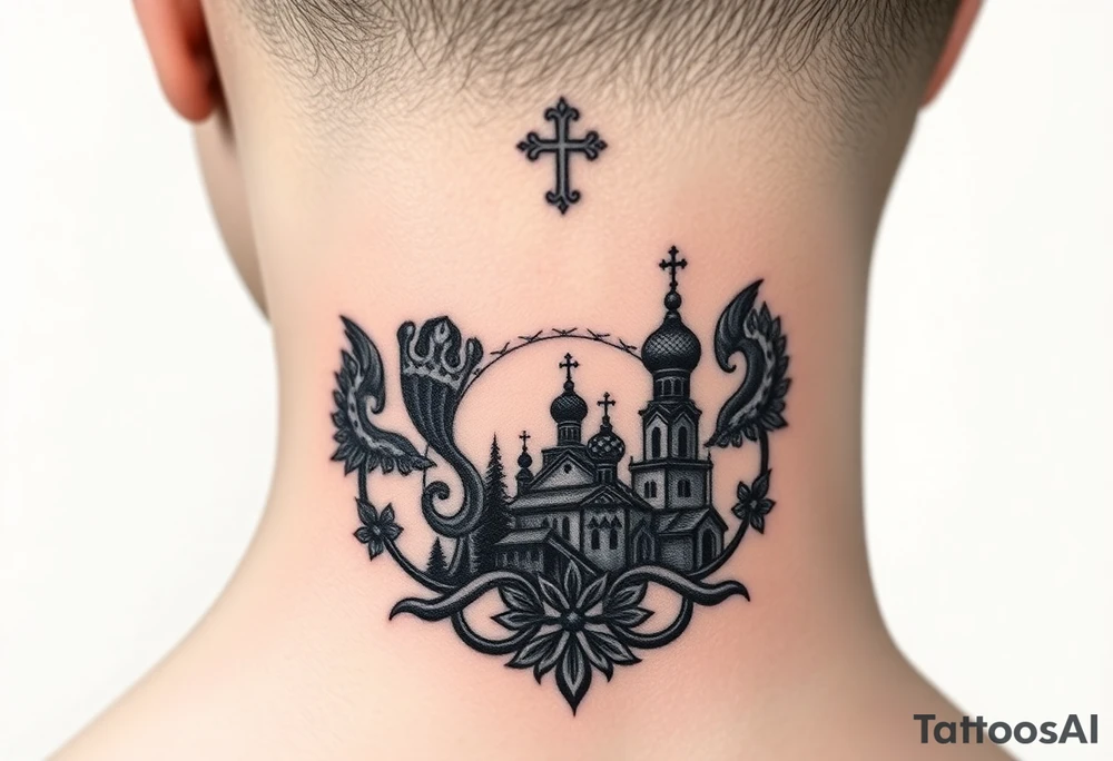 Traditional authentic Russian coat of arms with a Christian orthodox virgin marry in the middle and silhouette in a Russian wilderness Christian orthodoxy dome church village setting on the side of my neck tattoo idea