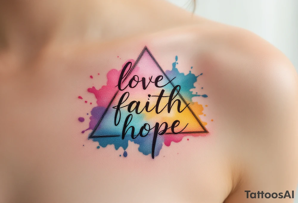 Words love faith hope arranged in a triangle, each corner marked with a watercolor splash—rose red, ocean blue, and golden yellow. tattoo idea