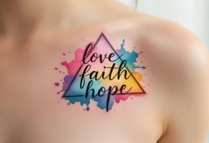 Words love faith hope arranged in a triangle, each corner marked with a watercolor splash—rose red, ocean blue, and golden yellow. tattoo idea