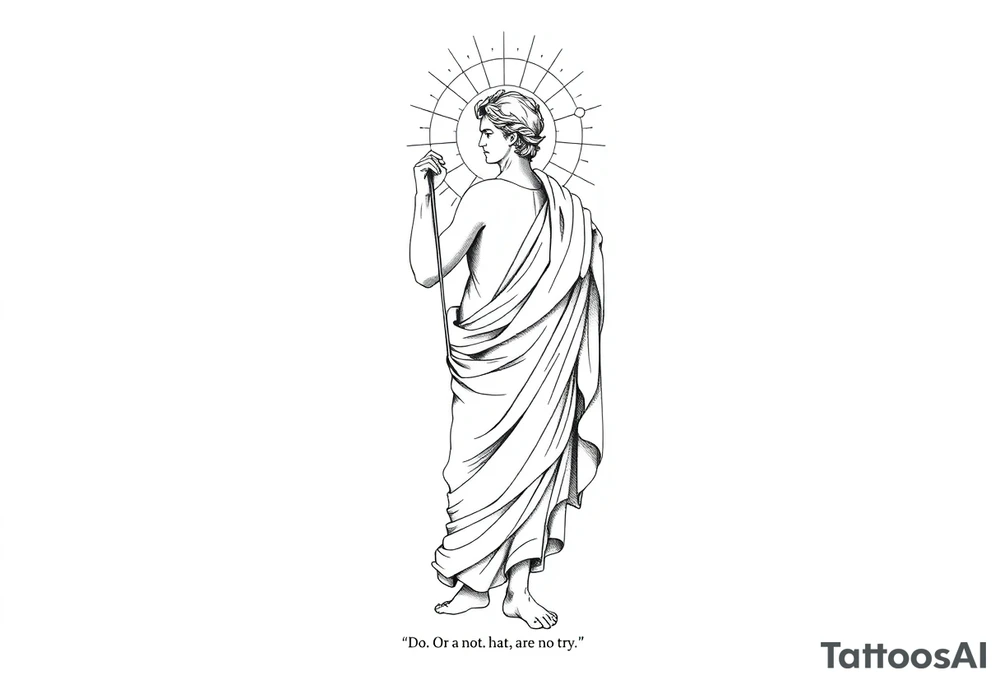 Tattoo design, vertical full sleeve composition, black and grey fine line linework style. Full figure of Apollo, Greek god of light, depicted in classical marble statue style, wearing flowing ancient drapery cloth. Calm powerful stance, balanced proportions, serene expression. Radiant sun halo behind the head with geometric rays. Subtle sacred geometry and orbital cosmic elements surrounding the figure. Laurel wreath symbolism integrated. Light energy lines and minimal abstract flow shapes. Clean composition, elegant, not overcrowded. Include the quote in fine serif lettering: “Do. Or do not. There is no try.” Tattoo stencil design, white background, no dark horror elements, no wings, professional tattoo flash. tattoo idea