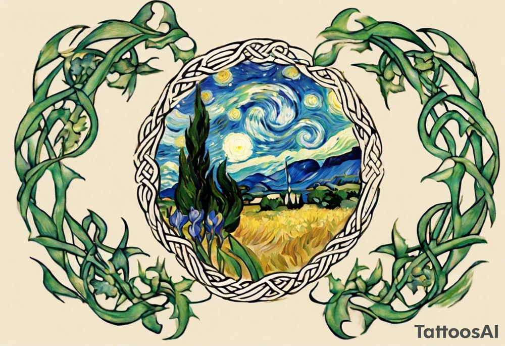 Create a small Vincent van Gogh Irises tattoo in the form of a crescent, with vines or Celtic knots gracefully intertwining at a central point in the middle of the wreath.  In the middle of the wreath are mountains and other items found in New Mexico. Ensure that the design avoids the appearance of a bush and maintains a more structured and deliberate arrangement. The intended placement is on the upper chest. The overall design should be small in size while maintaining a delicate and artistic aesthetic. Pay attention to the graceful flow of the vines and the placement of the irises to achieve a refined and elegant look. tattoo idea