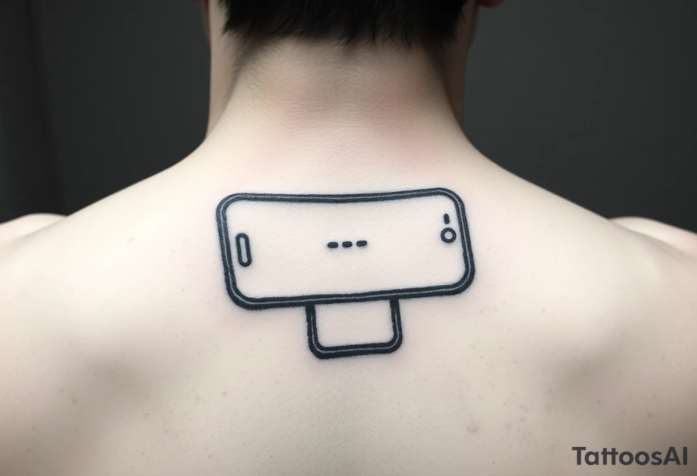 "Recursive iPhone tattoo: screen shows another screen with [•] at the end. Black ink, optical illusion style, 6cm width." tattoo idea