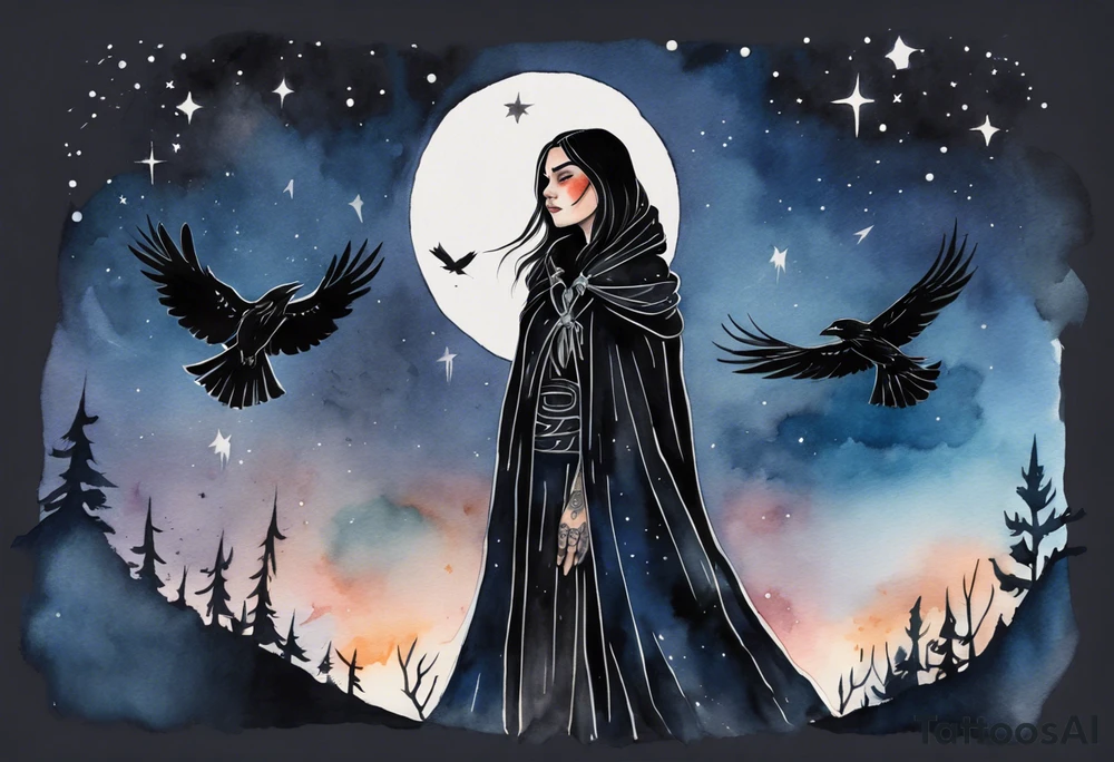 Watercolor of a Dakota woman with a black cloak, standing before the night sky, a raven on her shoulder tattoo idea