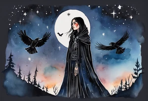 Watercolor of a Dakota woman with a black cloak, standing before the night sky, a raven on her shoulder tattoo idea