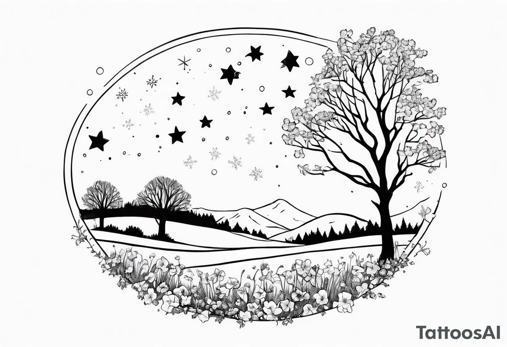 Winter sky, stars, violets, primroses, daffodil, jonquil, snow, oak tree tattoo idea