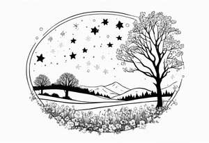 Winter sky, stars, violets, primroses, daffodil, jonquil, snow, oak tree tattoo idea