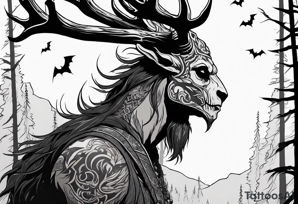 A spooky dead lore accurate wendigo side profile surrounded by a forest fire in background tattoo idea