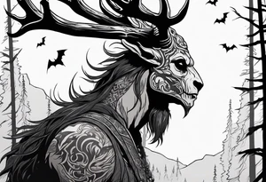 A spooky dead lore accurate wendigo side profile surrounded by a forest fire in background tattoo idea