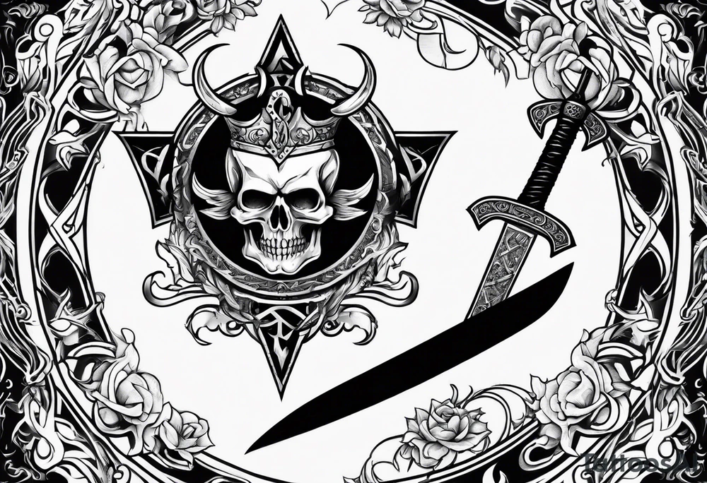 sword with satanic symbols tattoo idea