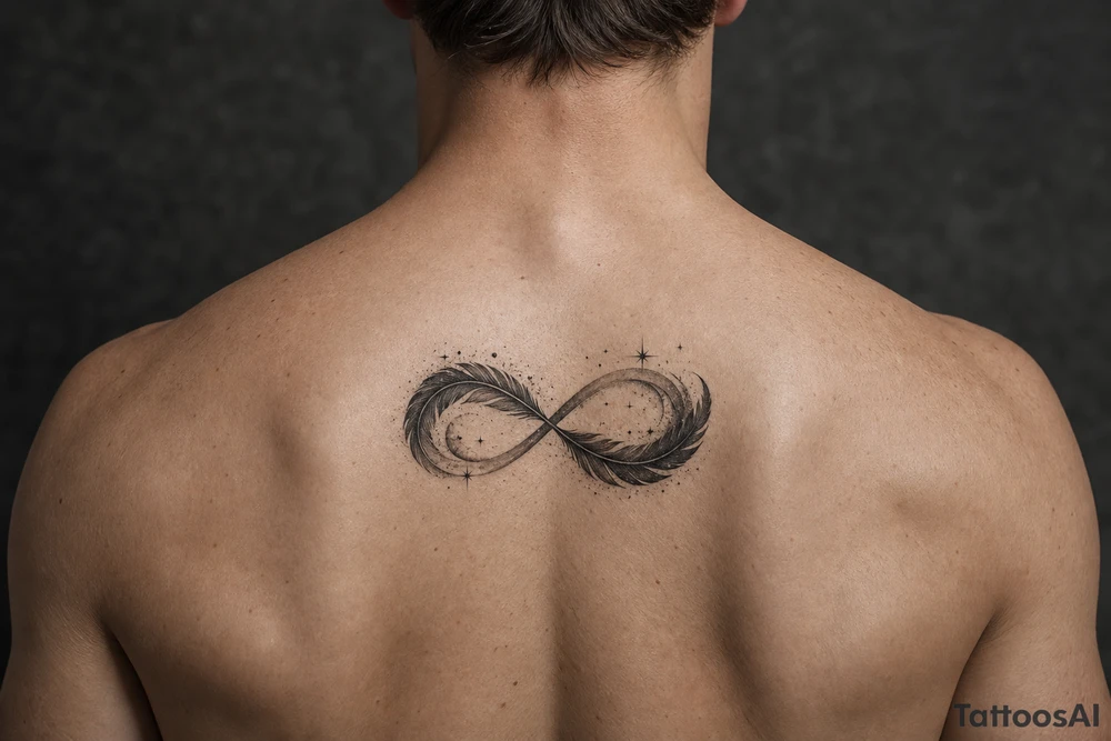 infinity symbol woven with floating feathers and stardust tattoo idea