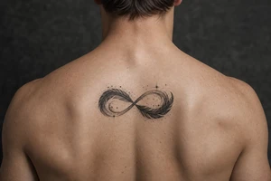 infinity symbol woven with floating feathers and stardust tattoo idea