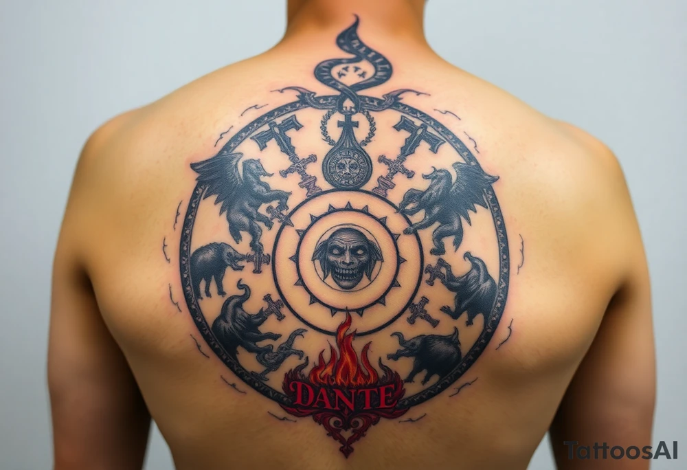 Dante 9 circles of hell full back tattoo

Limbo: Virtuous unbaptised souls wander in a melancholic, castle-like realm without torment.
Lust: Sinners are tossed eternally in violent storms symbolizing uncontrolled passions.
Gluttony: Souls lie in filthy slush under ceaseless rain, guarded by Cerberus.
Greed: Hoarders and spendthrifts push boulders against each other in futile conflict.
Anger: Wrathful fight on the surface of the Styx; sullen gurgle below in the mud.
Heresy: Heretics burn in flaming tombs for denying immortality.
Violence: Divided into sub-rings for violence against others, self, and nature (e.g., boiling blood, harpies).
Fraud: Ten ditches (bolge) for various deceivers, tormented by demons, serpents, and diseases.
Treachery: Traitors frozen in ice, with Satan at the center chewing the worst betrayers. tattoo idea