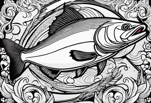 a salmon surrounded by solid color background design tattoo idea