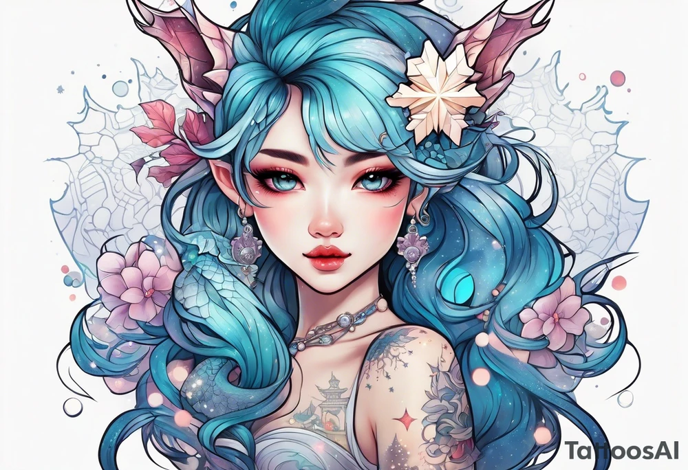 Constellation, kawaii dragon girl , snowflake tattoo idea