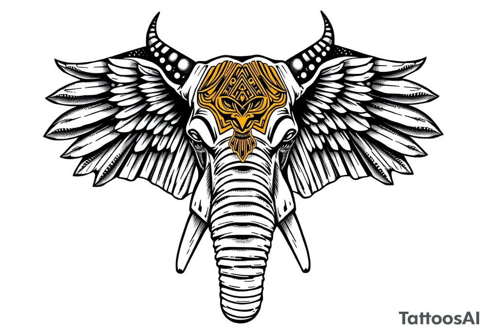 A horned African elephant with ears that resemble the wings of a falcon and covered in Egyptian symbolism tattoo idea