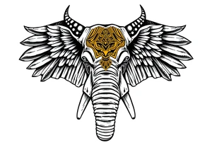 A horned African elephant with ears that resemble the wings of a falcon and covered in Egyptian symbolism tattoo idea