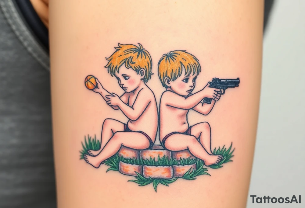 Due bambini, in stile realistico, colorato, seduti sull'erba, divisi da un muro di mattoni, uno piange mentre gioca con la palla, l'altro ride mentre si spara in bocca con la pistola dentro la bocca tattoo idea