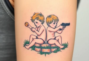 Due bambini, in stile realistico, colorato, seduti sull'erba, divisi da un muro di mattoni, uno piange mentre gioca con la palla, l'altro ride mentre si spara in bocca con la pistola dentro la bocca tattoo idea