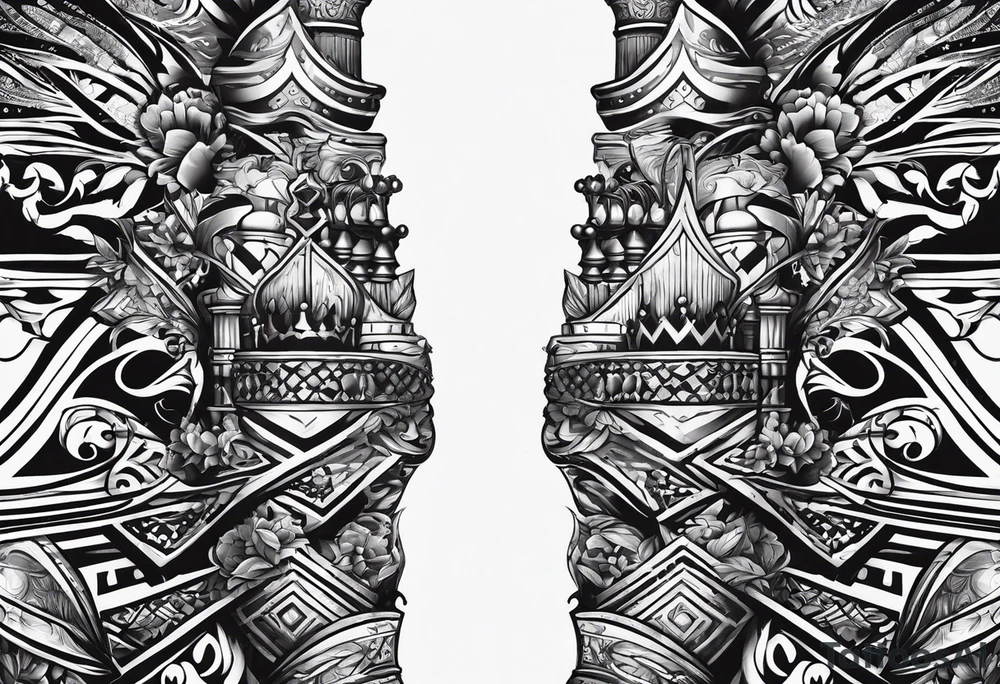 narrow rectangle strip made of chess queens and pawns holding hands tattoo idea