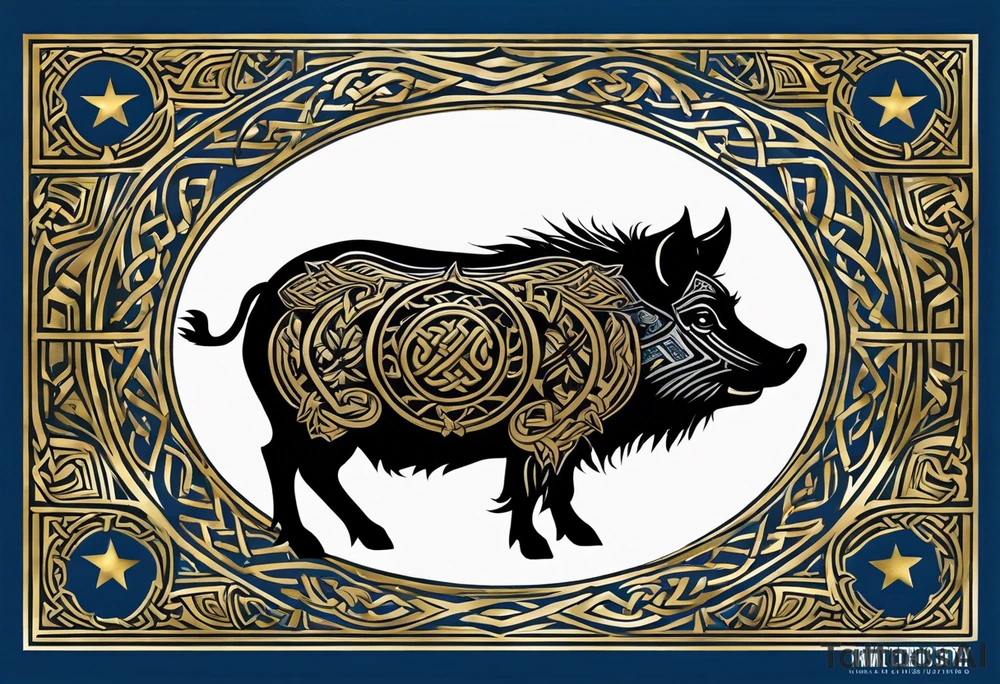 Side profile, Celtic, tribal, wild boar, On a Chatwin family crest with blue background, two gold stars, and a gold Chevron, and a Thistle. With bold black tribal lines. ancient Celtic, tribal boar tattoo idea