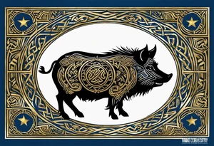 Side profile, Celtic, tribal, wild boar, On a Chatwin family crest with blue background, two gold stars, and a gold Chevron, and a Thistle. With bold black tribal lines. ancient Celtic, tribal boar tattoo idea